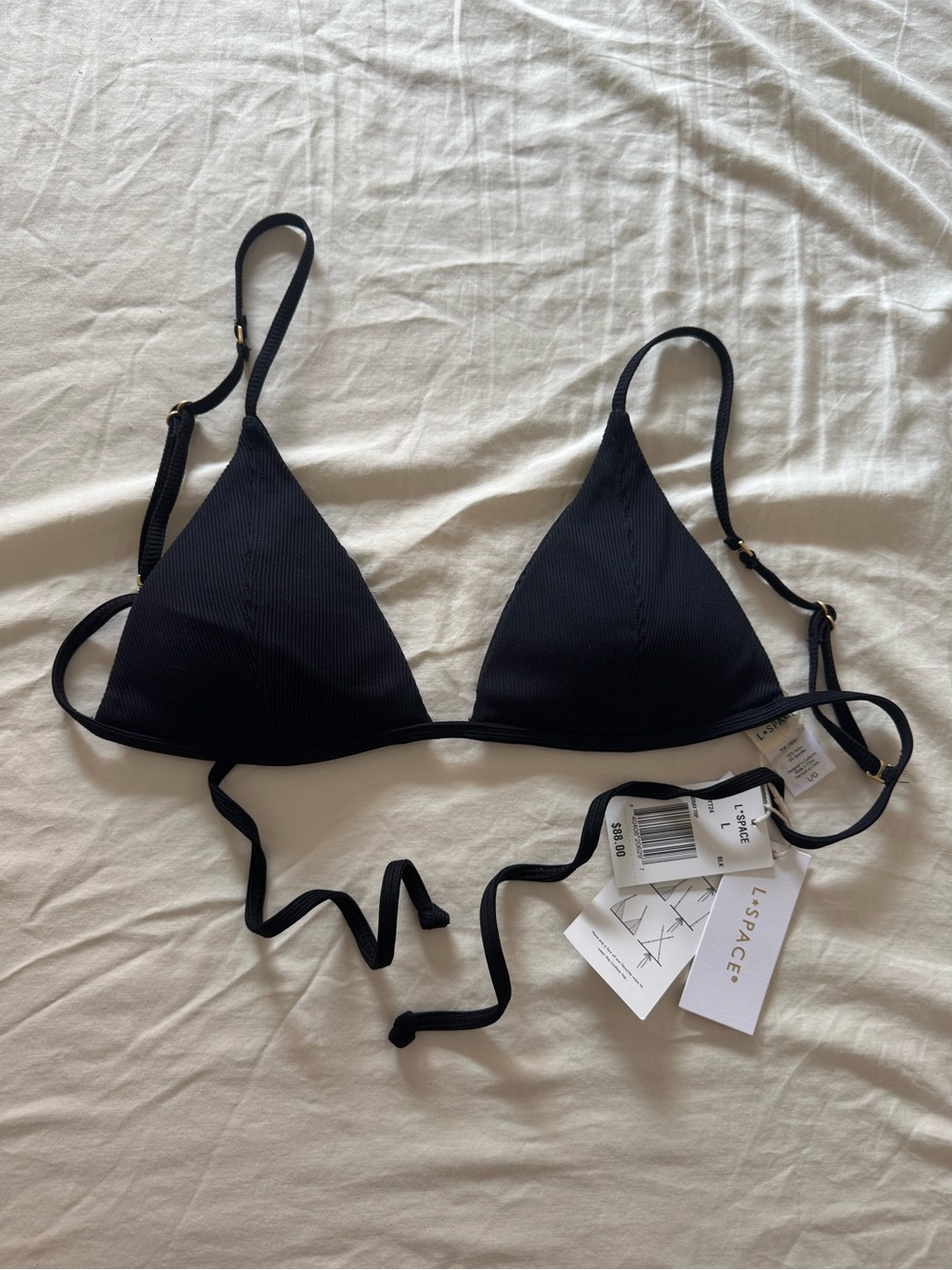 l*space Black Ribbed Triangle Bikini Top with Adjustable Straps
